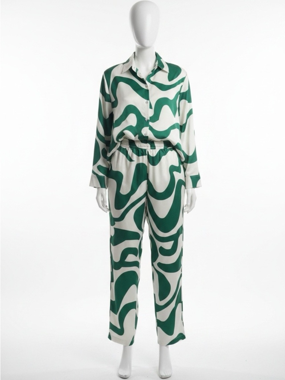 Whimsical Green & White Wave-Print Pant Set